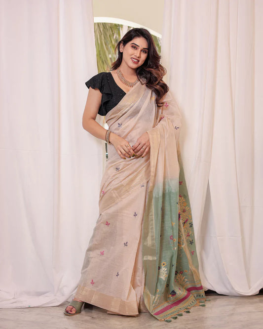Dhiyona GR Women's Rama Muga Cotton Woven Saree