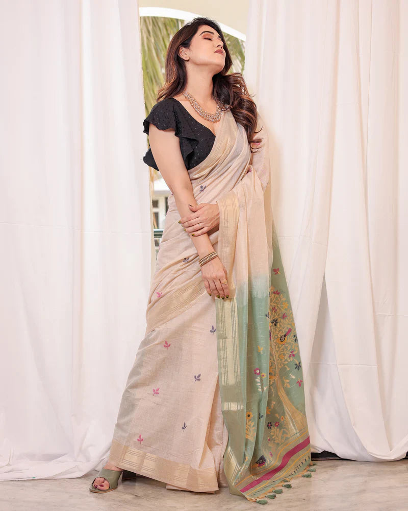 Dhiyona GR Women's Rama Muga Cotton Woven Saree