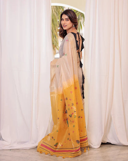 Dhiyona GR Women's Mustard Yellow Muga Cotton Woven Saree