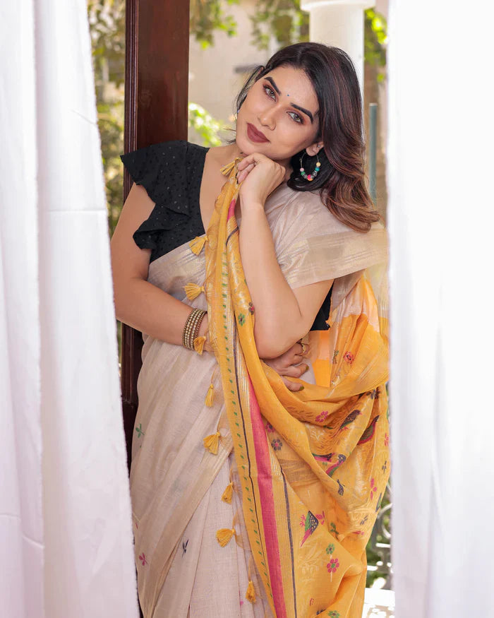 Dhiyona GR Women's Mustard Yellow Muga Cotton Woven Saree