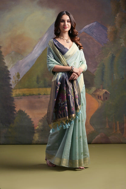 Dhiyona GR Women's Sky Blue Woven Muga Silk Saree