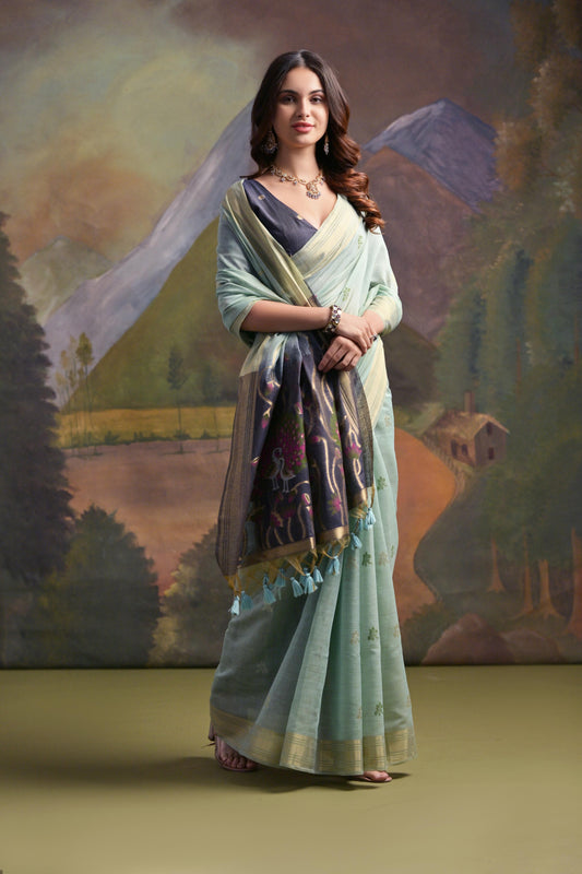 Dhiyona GR Women's Sky Blue Woven Muga Silk Saree