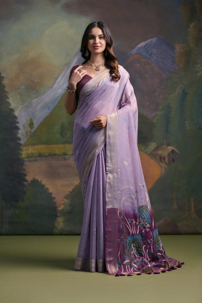 Dhiyona GR Women's Lavender Woven Muga Silk Saree
