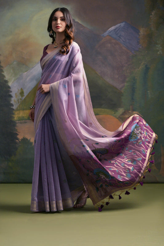 Dhiyona GR Women's Lavender Woven Muga Silk Saree