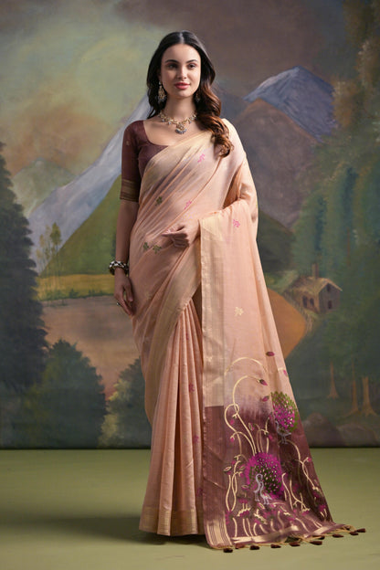 Dhiyona GR Women's Peach Woven Muga Silk Saree