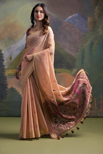 Dhiyona GR Women's Peach Woven Muga Silk Saree