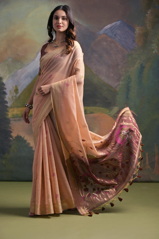 Dhiyona GR Women's Peach Woven Muga Silk Saree