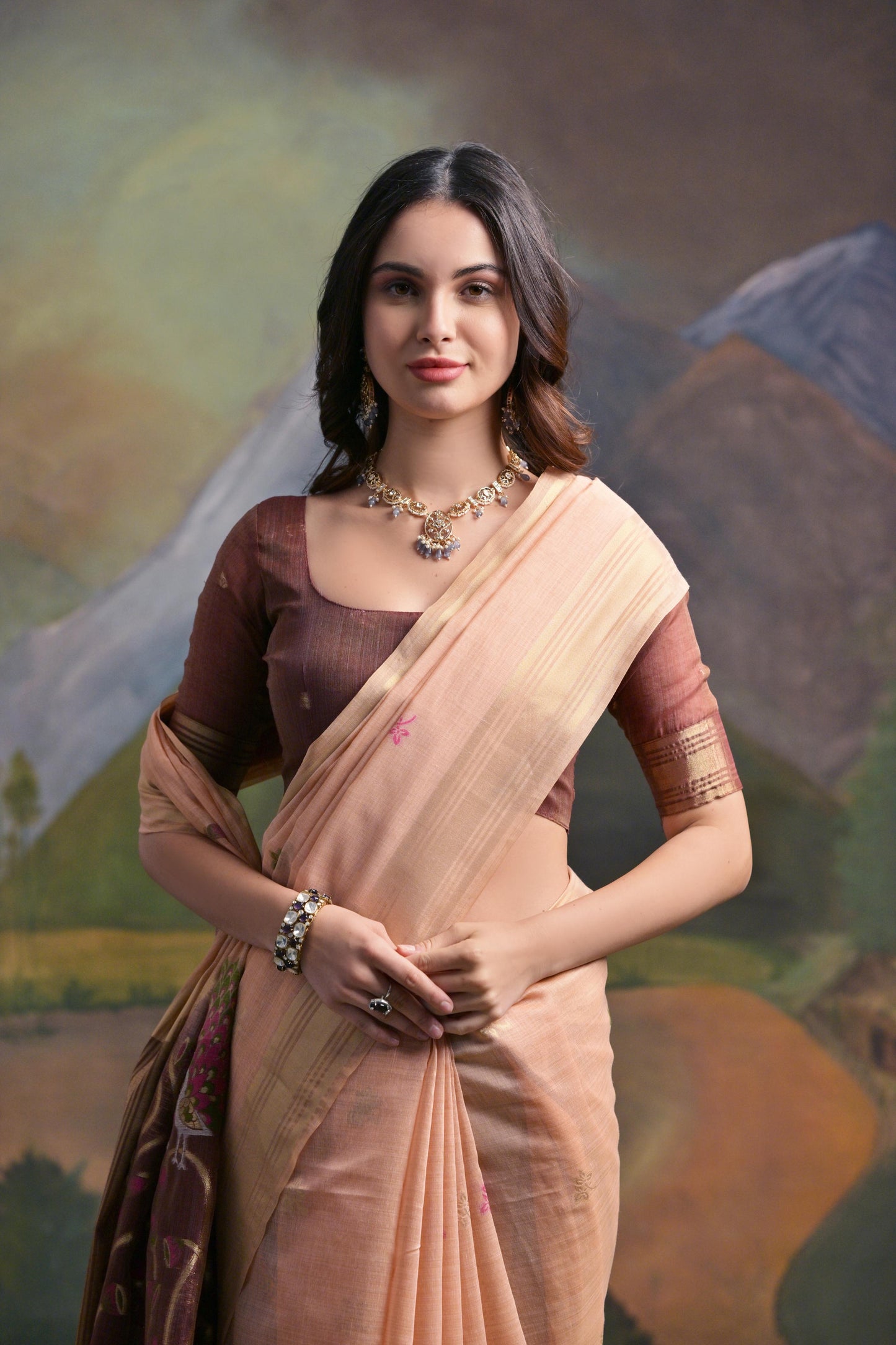 Dhiyona GR Women's Peach Woven Muga Silk Saree