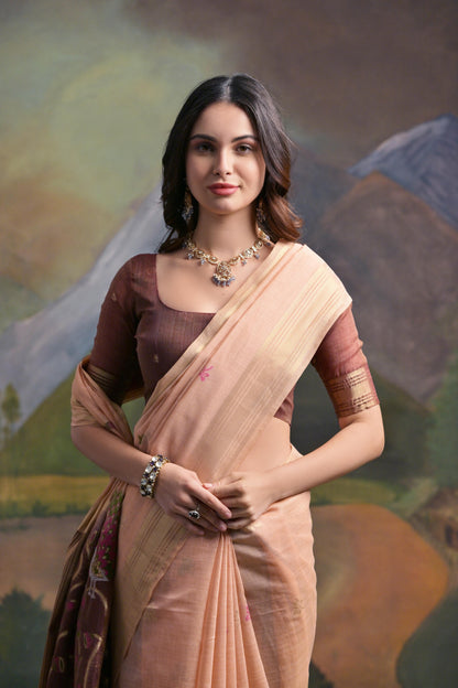 Dhiyona GR Women's Peach Woven Muga Silk Saree