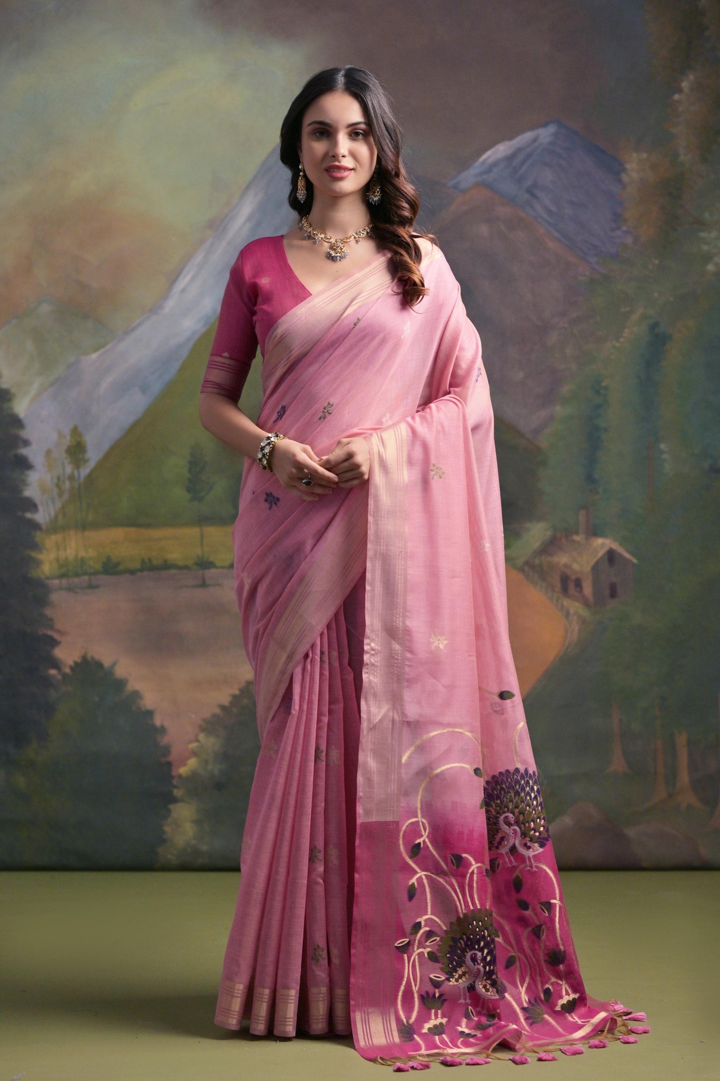 Dhiyona GR Women's Pink Woven Muga Silk Saree