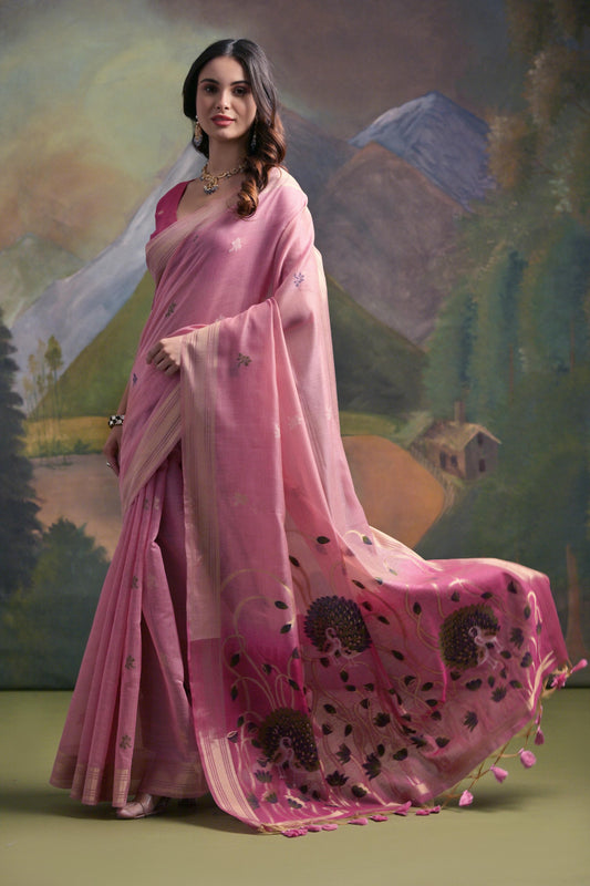 Dhiyona GR Women's Pink Woven Muga Silk Saree