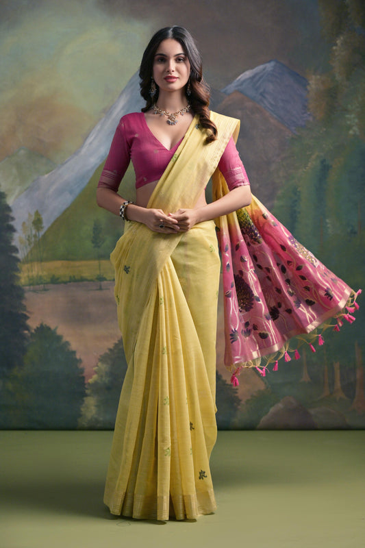 Dhiyona GR Women's Yellow Woven Muga Silk Saree
