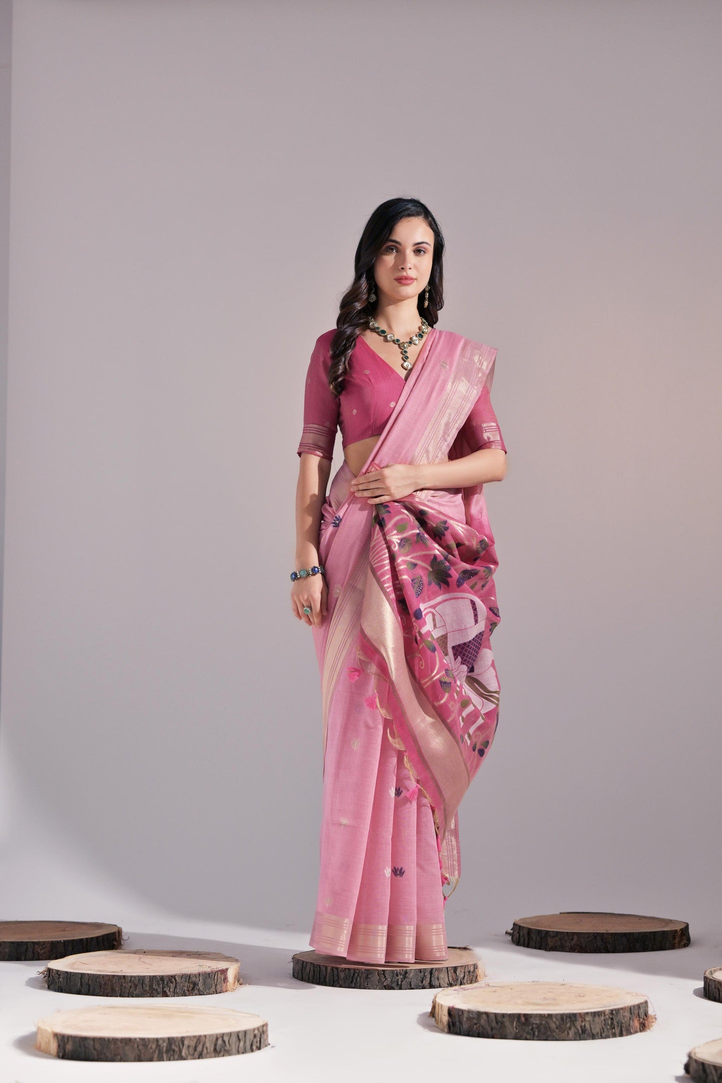 Dhiyona GR Women's Jissa Pink Muga Cotton Pichwai Saree