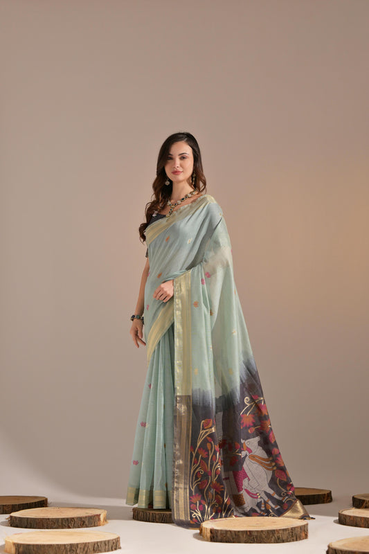 Dhiyona GR Women's Jissa Firozi Blue Muga Cotton Pichwai Saree
