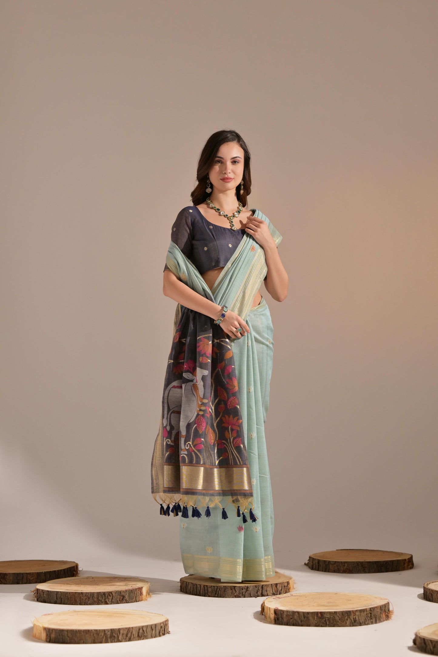 Dhiyona GR Women's Jissa Firozi Blue Muga Cotton Pichwai Saree