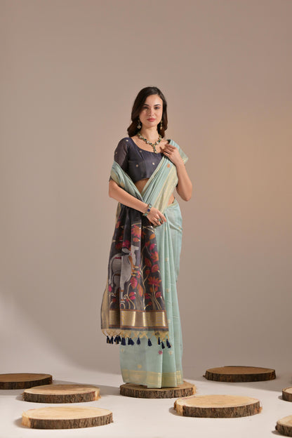 Dhiyona GR Women's Jissa Firozi Blue Muga Cotton Pichwai Saree