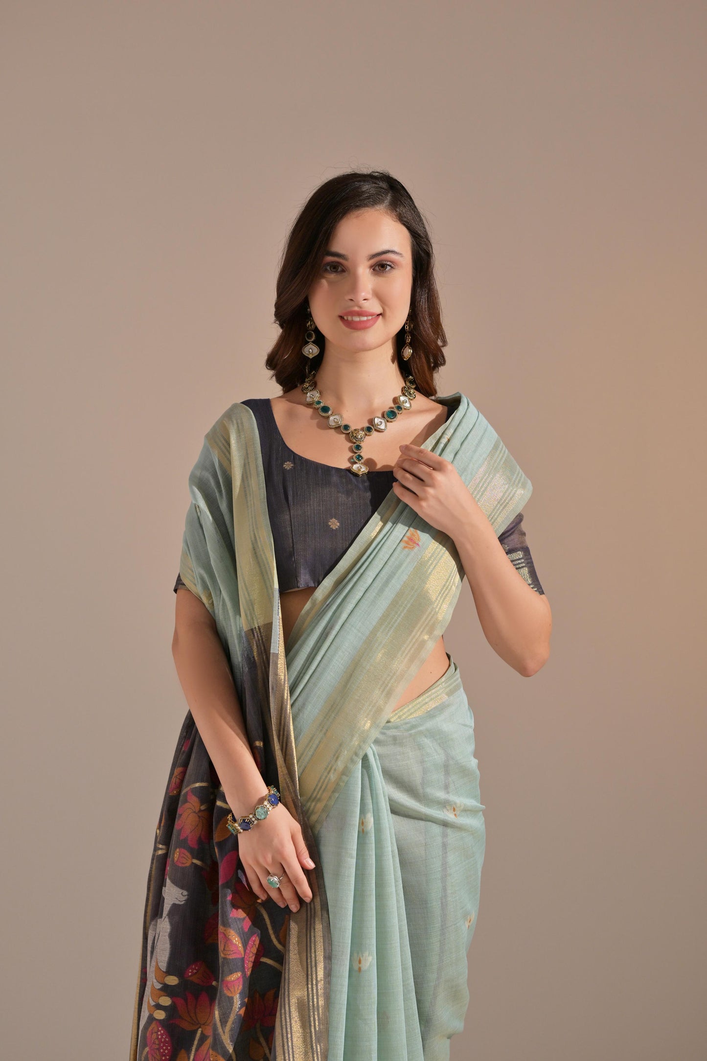 Dhiyona GR Women's Jissa Firozi Blue Muga Cotton Pichwai Saree