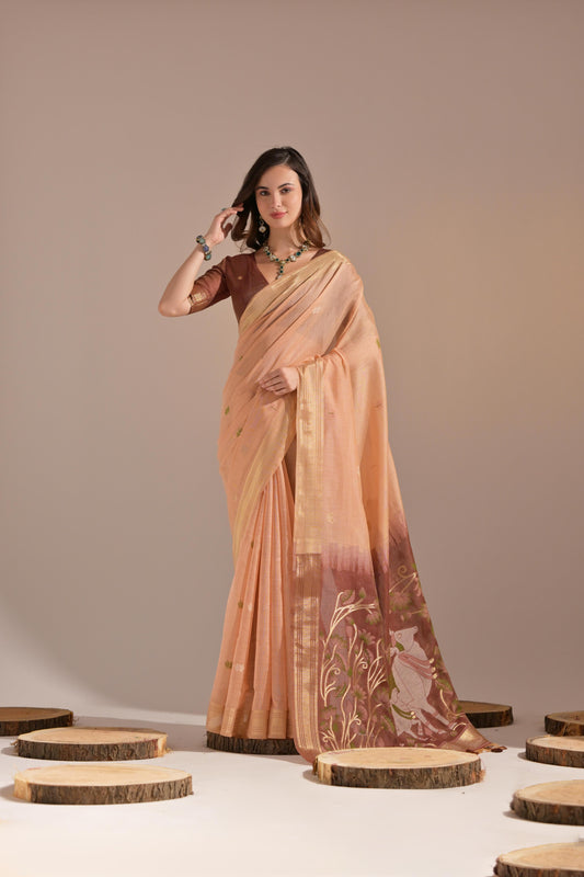 Dhiyona GR Women's Jissa Peach Orange Muga Cotton Pichwai Saree