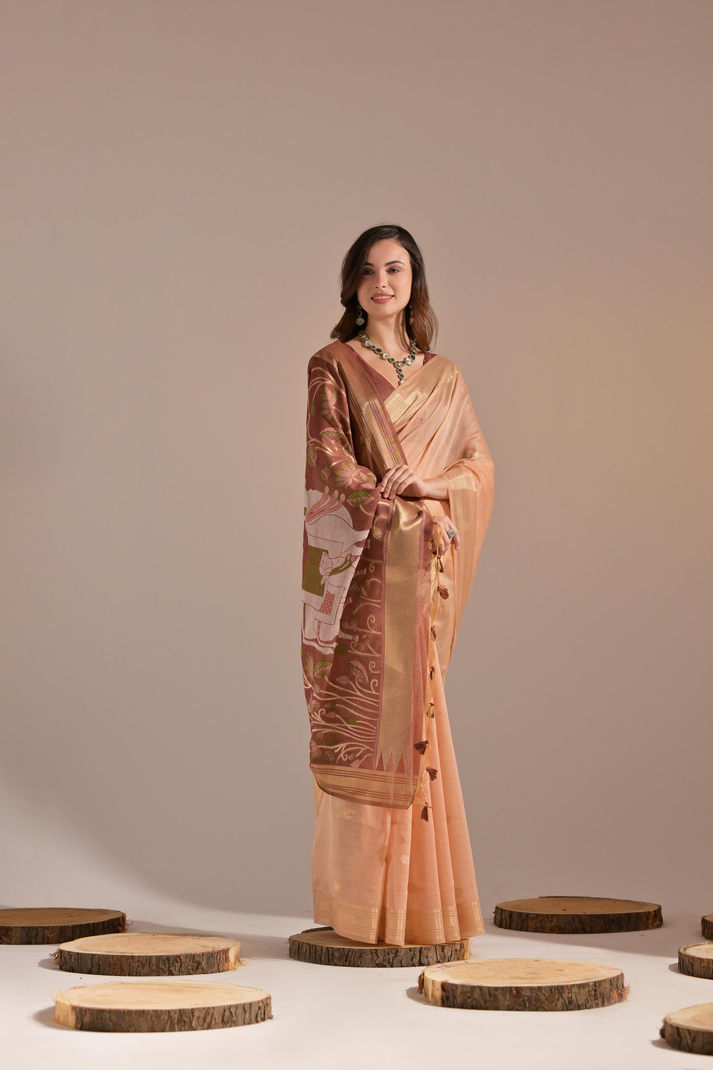 Dhiyona GR Women's Jissa Peach Orange Muga Cotton Pichwai Saree