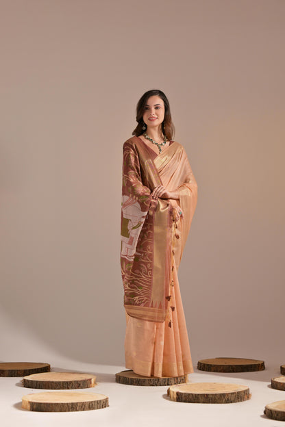 Dhiyona GR Women's Jissa Peach Orange Muga Cotton Pichwai Saree