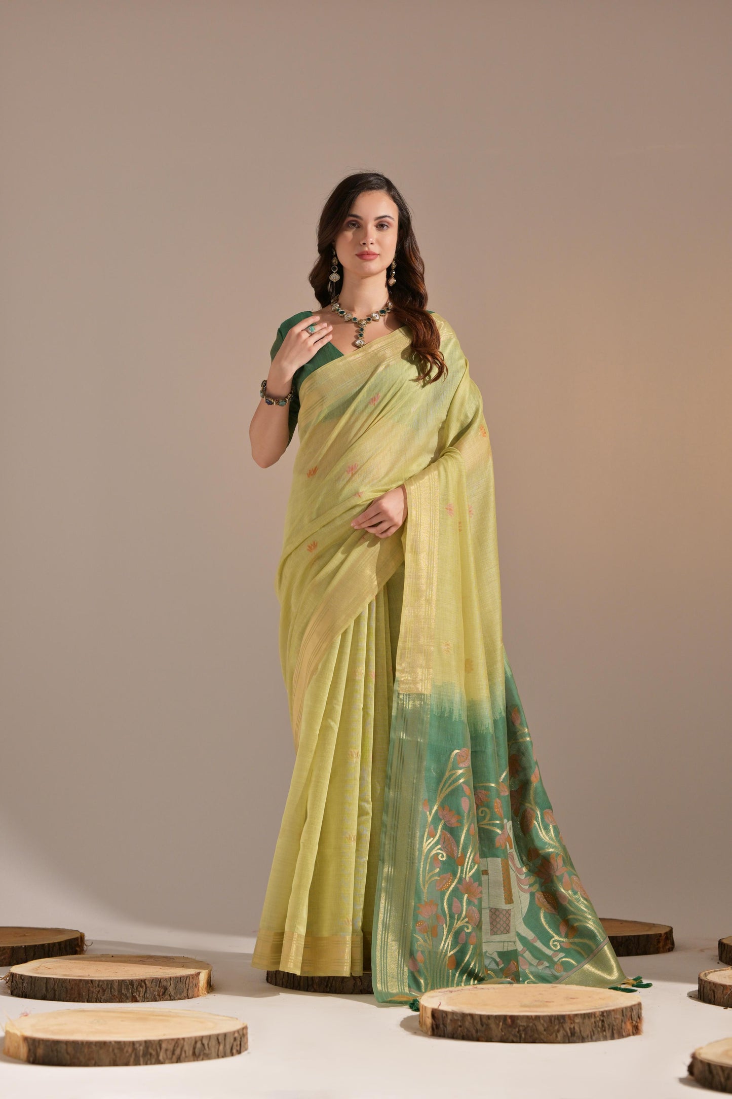 Dhiyona GR Women's Jissa Green Muga Cotton Pichwai Saree