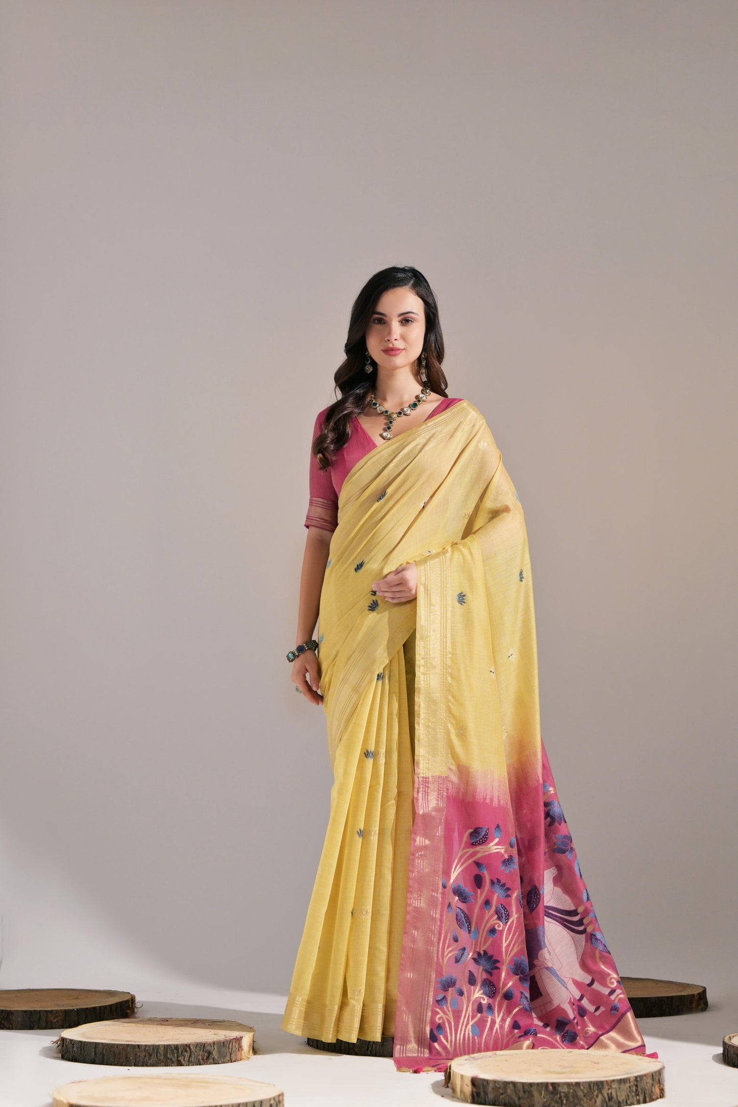 Dhiyona GR Women's Jissa Yellow Muga Cotton Pichwai Saree