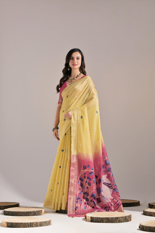 Dhiyona GR Women's Jissa Yellow Muga Cotton Pichwai Saree