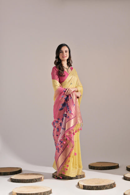 Dhiyona GR Women's Jissa Yellow Muga Cotton Pichwai Saree