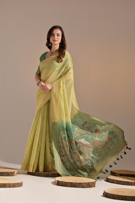 Dhiyona GR Women's Jissa Green Muga Cotton Pichwai Saree