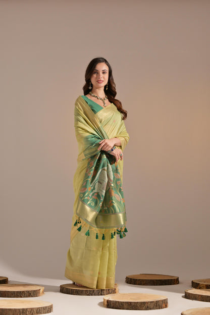 Dhiyona GR Women's Jissa Green Muga Cotton Pichwai Saree