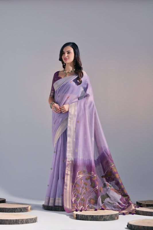 Dhiyona GR Women's Jissa Lavender Muga Cotton Pichwai Saree