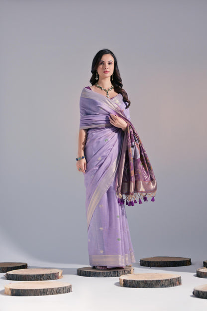 Dhiyona GR Women's Jissa Lavender Muga Cotton Pichwai Saree