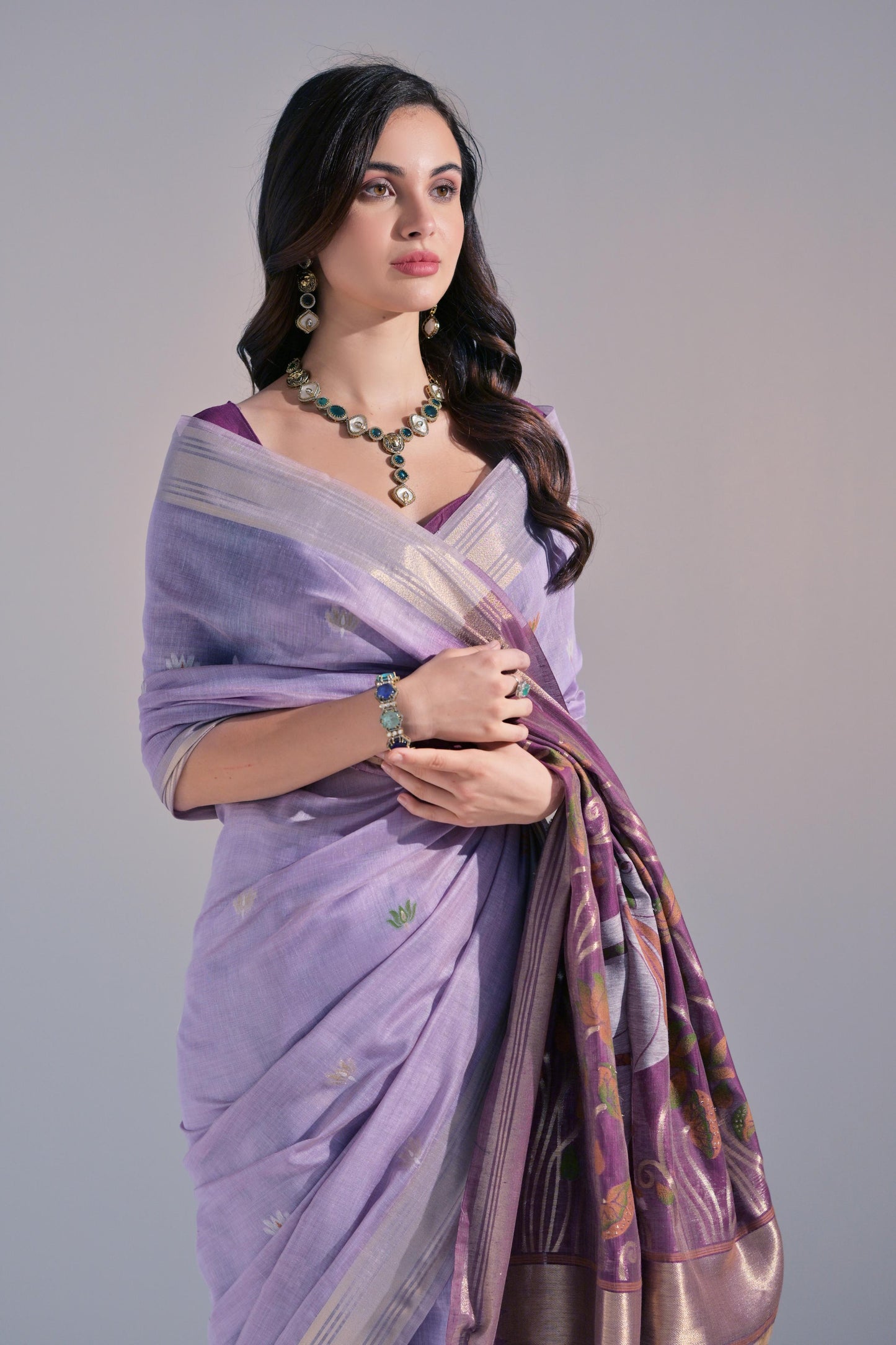 Dhiyona GR Women's Jissa Lavender Muga Cotton Pichwai Saree