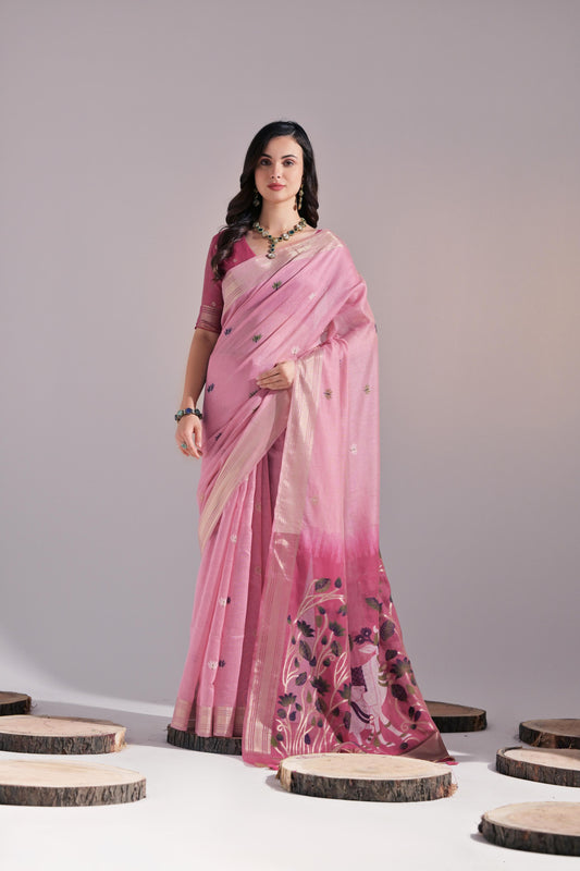 Dhiyona GR Women's Jissa Pink Muga Cotton Pichwai Saree