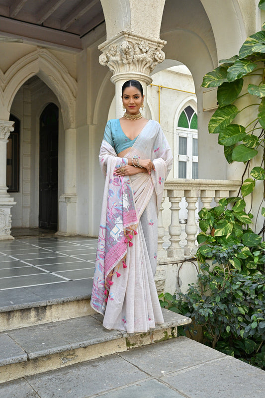 Dhiyona GR Women's Pranshi Pink Pichwai Muga Cotton Saree