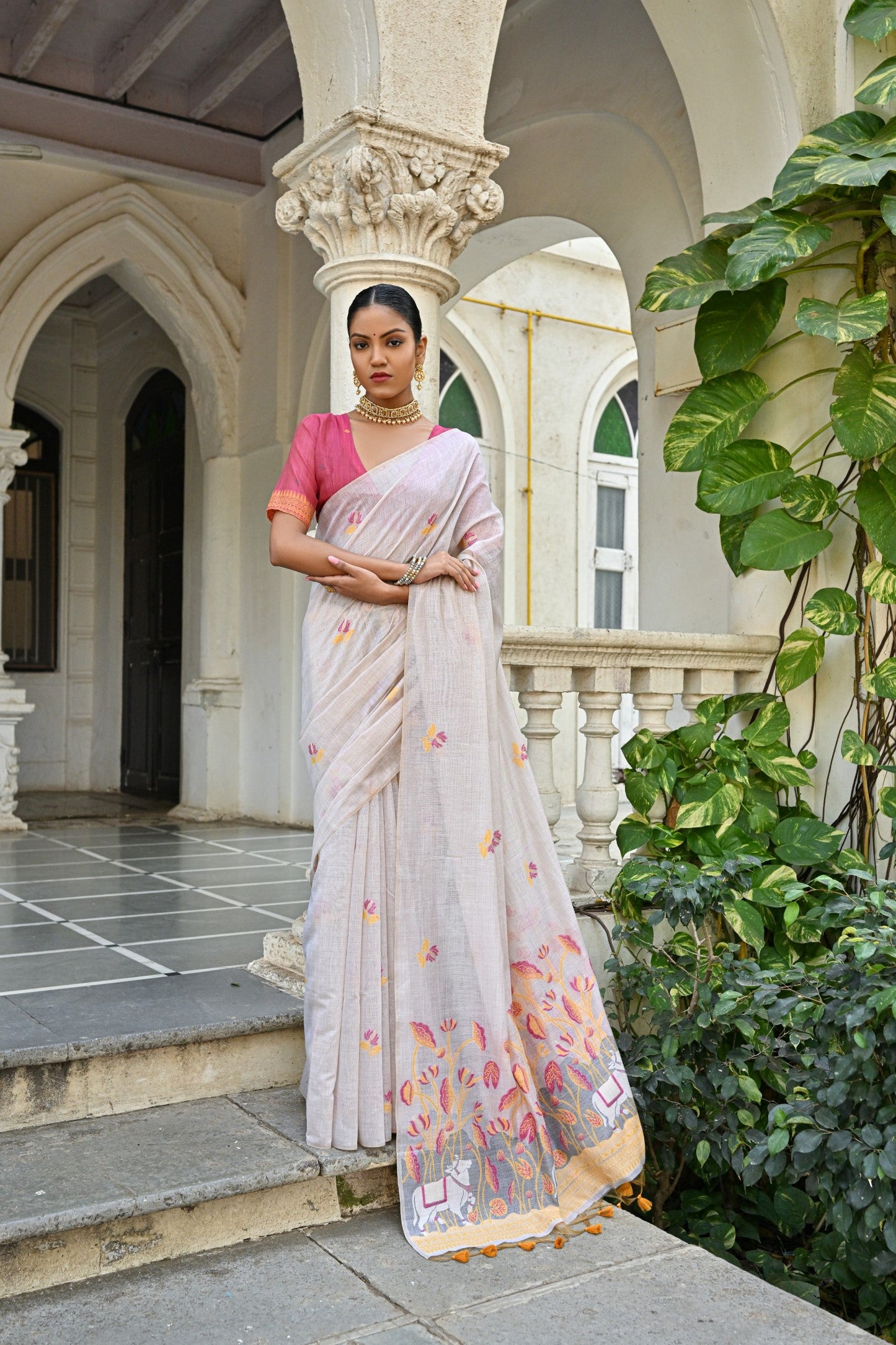Dhiyona GR Women's Pranshi Mustard Yellow Pichwai Muga Cotton Saree