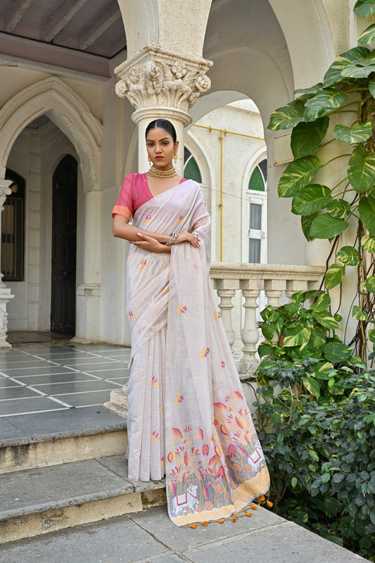 Dhiyona GR Women's Pranshi Mustard Yellow Pichwai Muga Cotton Saree