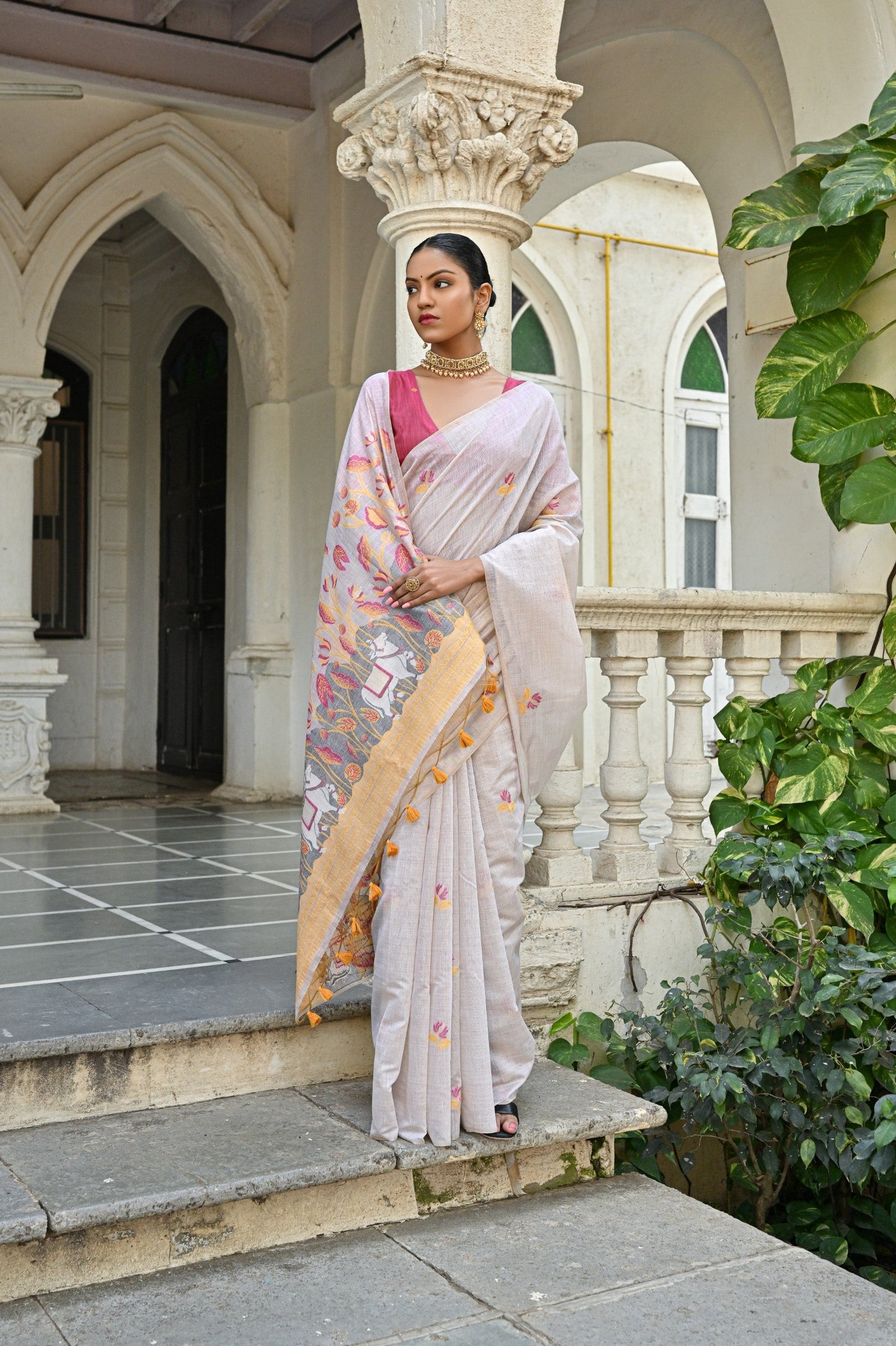 Dhiyona GR Women's Pranshi Mustard Yellow Pichwai Muga Cotton Saree