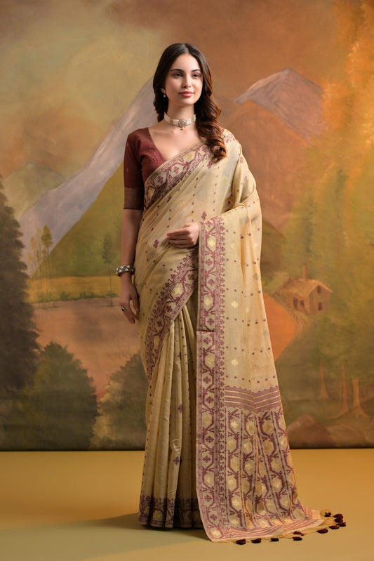 Dhiyona GR Women's Nargis Beige Muga Cotton Saree