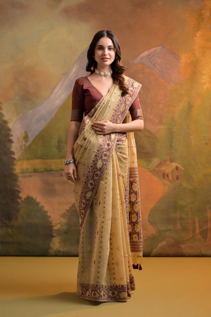 Dhiyona GR Women's Nargis Beige Muga Cotton Saree
