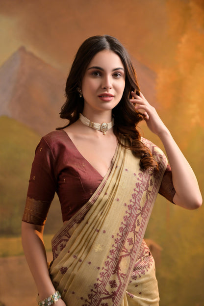 Dhiyona GR Women's Nargis Beige Muga Cotton Saree