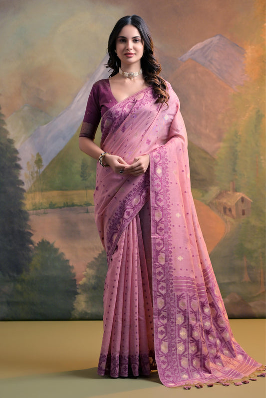 Dhiyona GR Women's Nargis Pink Muga Cotton Saree