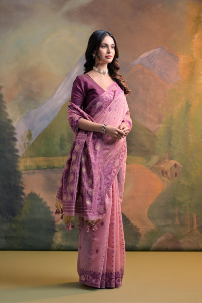 Dhiyona GR Women's Nargis Pink Muga Cotton Saree
