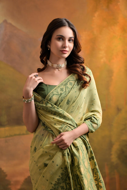 Dhiyona GR Women's Nargis Green Muga Cotton Saree