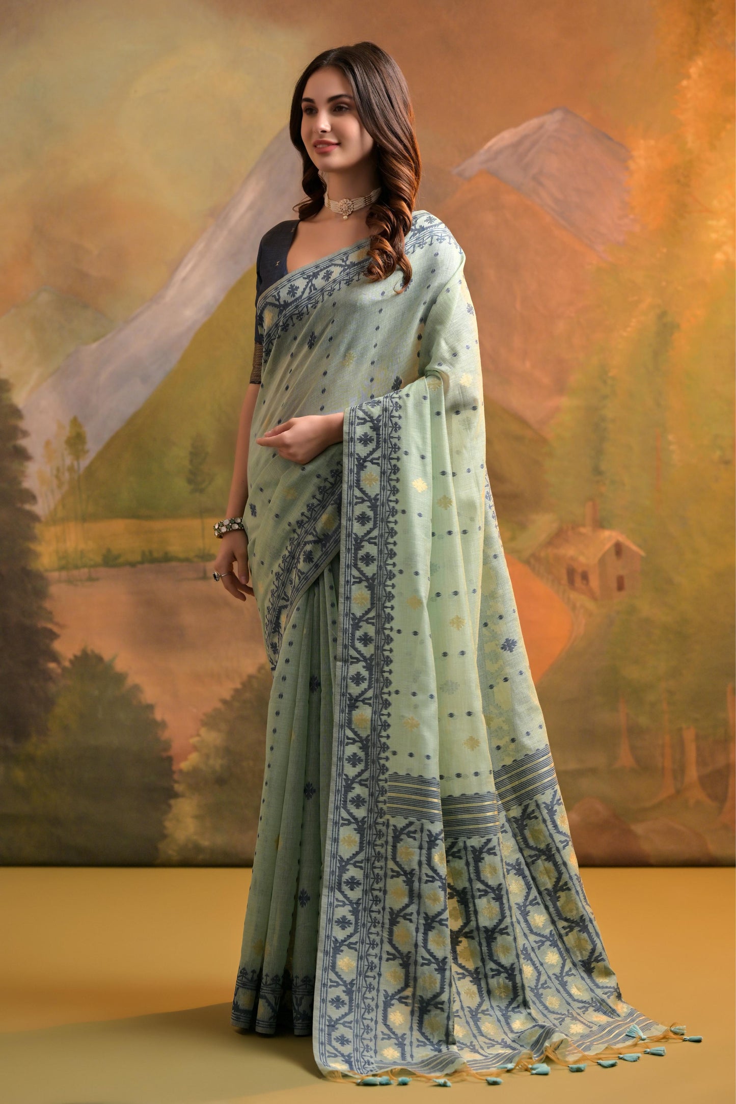 Dhiyona GR Women's Nargis Sea Green Muga Cotton Saree