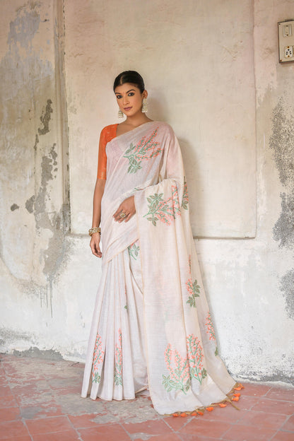 Dhiyona GR Women's Ice White & Orange Muga Cotton Woven Saree