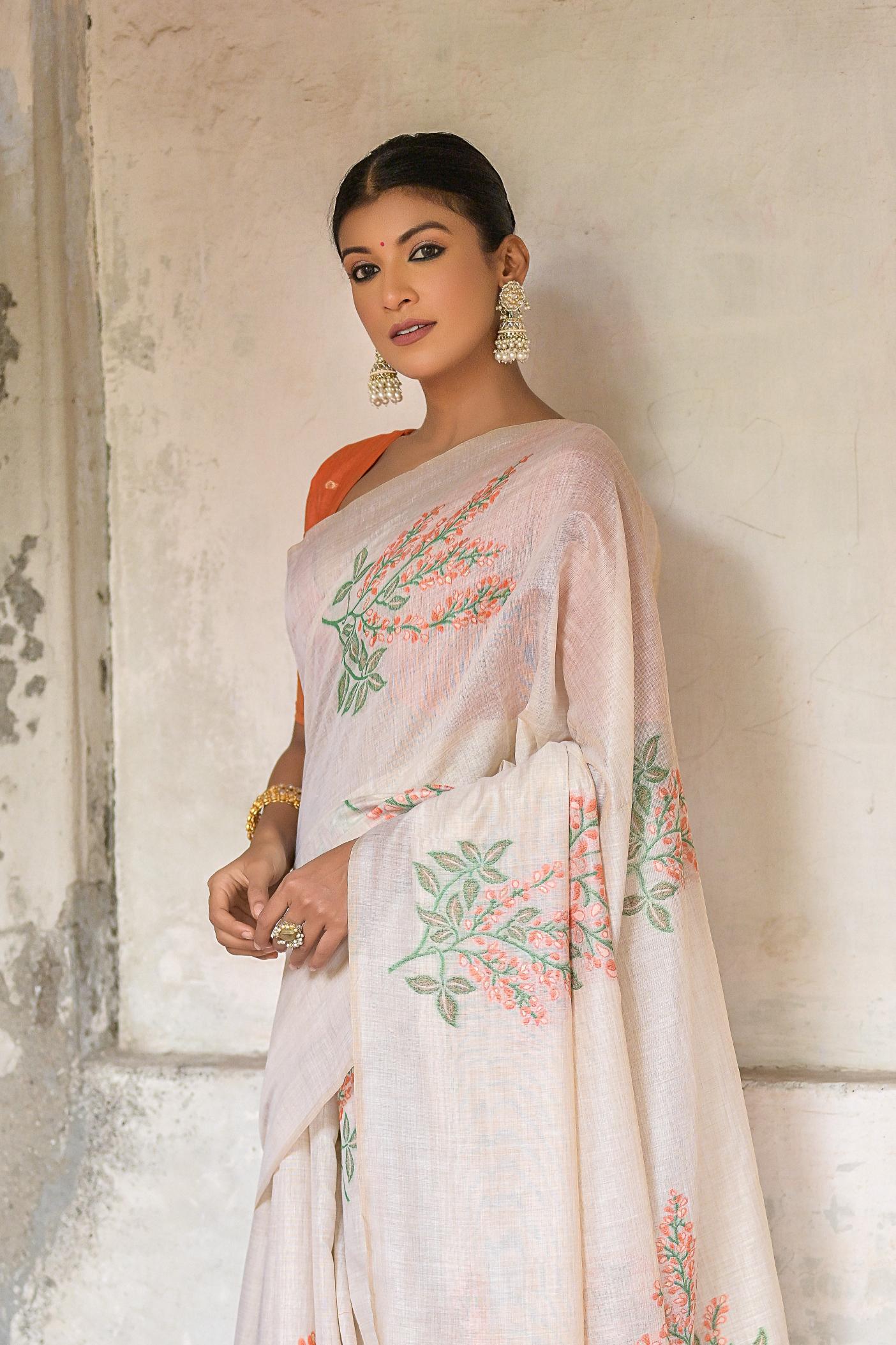 Dhiyona GR Women's Ice White & Orange Muga Cotton Woven Saree
