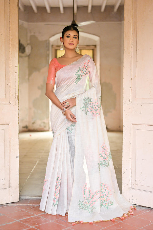 Dhiyona GR Women's Ice White & Peach Muga Cotton Woven Saree