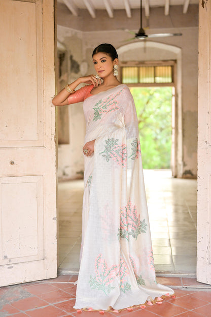 Dhiyona GR Women's Ice White & Peach Muga Cotton Woven Saree