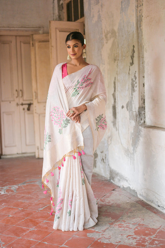 Dhiyona GR Women's Ice White & Pink Muga Cotton Woven Saree